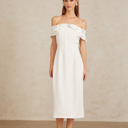 Emerson White Off-Shoulder Crystal Embellished Midi Dress
