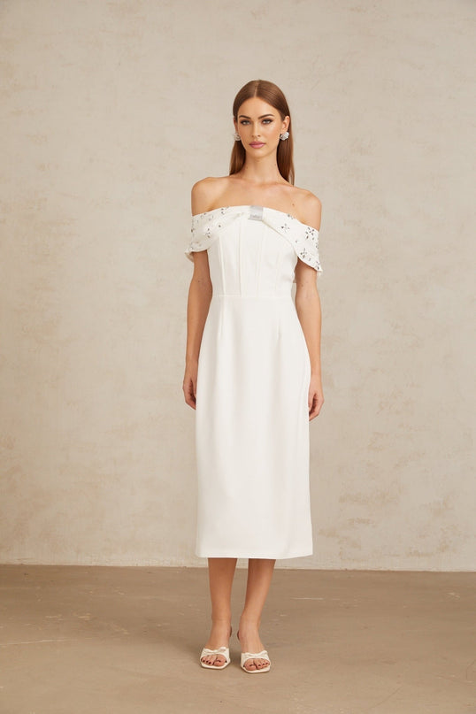 Emerson White Off-Shoulder Crystal Embellished Midi Dress