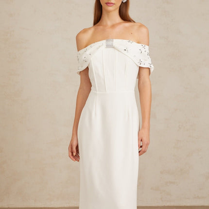Emerson White Off-Shoulder Crystal Rhinestone Midi Dress