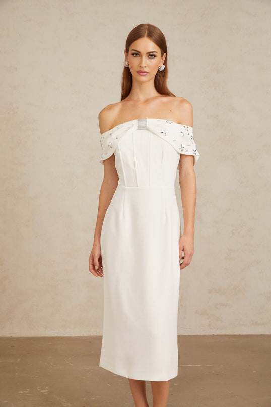 Emerson White Off-Shoulder Crystal Rhinestone Midi Dress