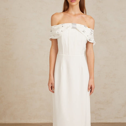 Emerson White Off-Shoulder Crystal Embellished Midi Dress