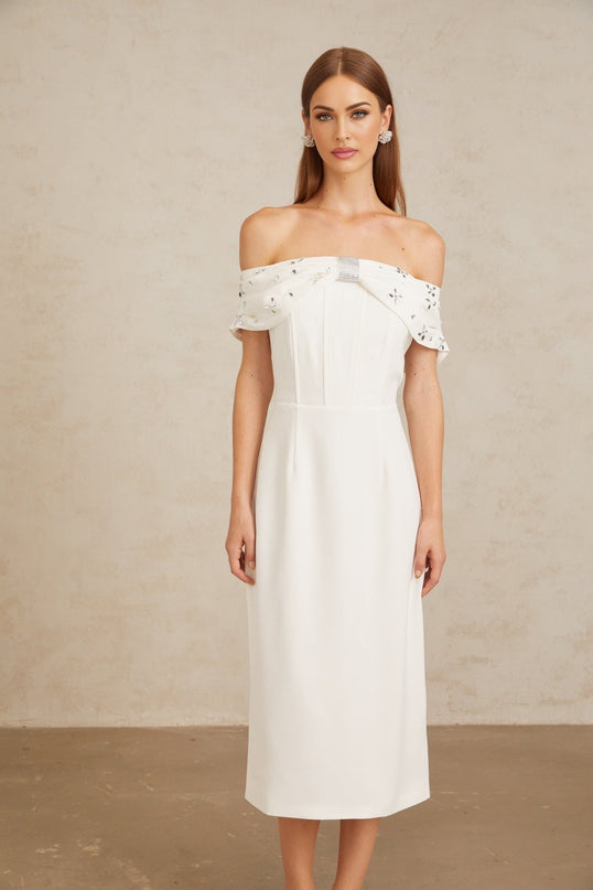 Emerson White Off-Shoulder Crystal Embellished Midi Dress