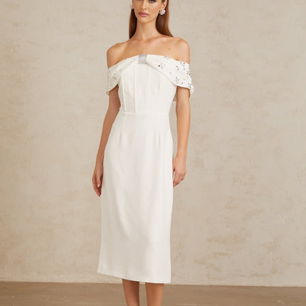 Emerson White Off-Shoulder Crystal Rhinestone Midi Dress