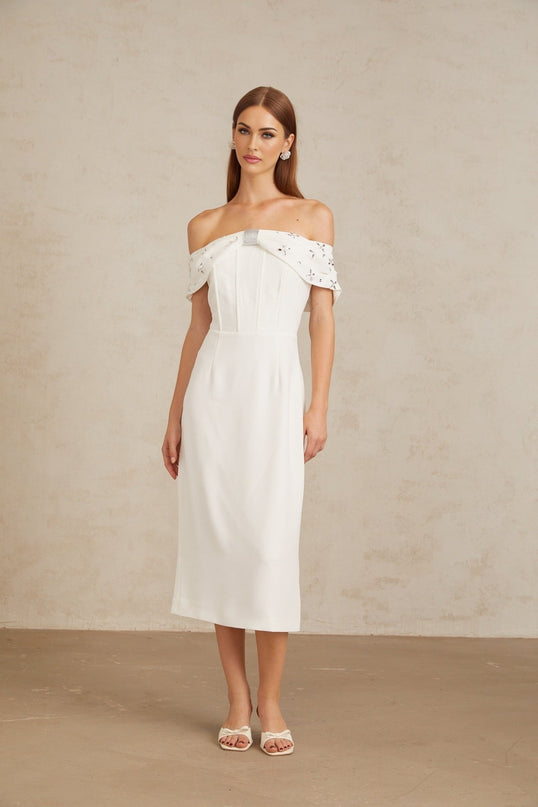 Emerson White Off-Shoulder Crystal Rhinestone Midi Dress