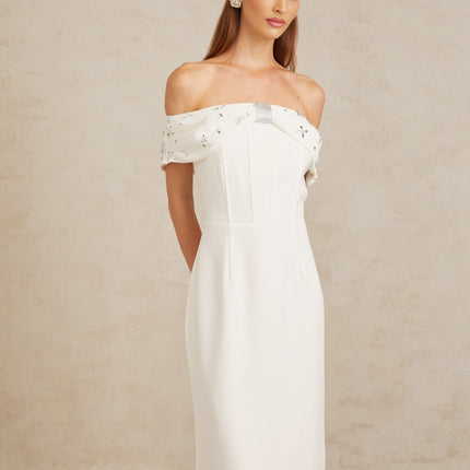 Emerson White Off-Shoulder Crystal Embellished Midi Dress