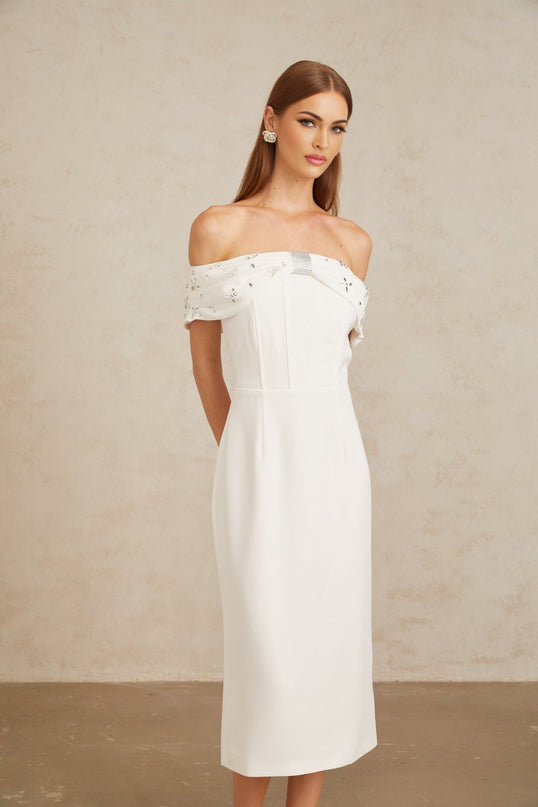 Emerson White Off-Shoulder Crystal Embellished Midi Dress