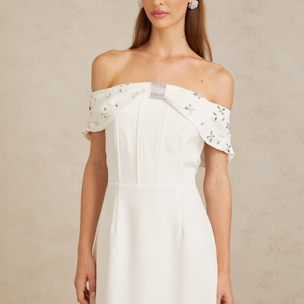 Emerson White Off-Shoulder Crystal Rhinestone Midi Dress