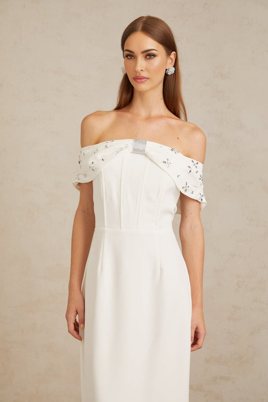 Emerson White Off-Shoulder Crystal Rhinestone Midi Dress