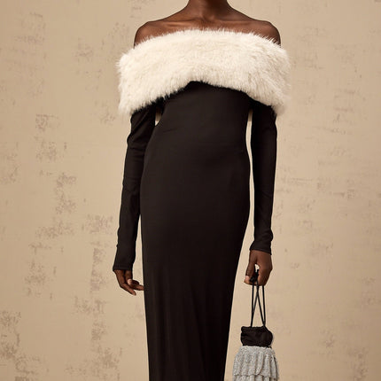 Emery Black Off Shoulder Slit Hem Midi Dress