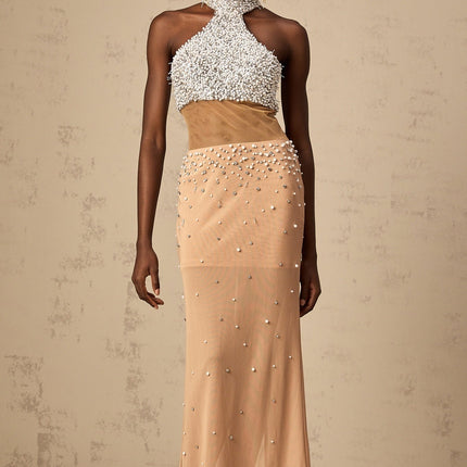 Emery Halterneck Maxi Dress White & Neutrals Crystal Faux-Pearl Embellishments Semi-Sheer Tulle Detailing Rear Slit Rear Zip Fastening Maxi Length Polyester Polyamide Luxury Glamour