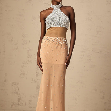 Emery Halterneck Maxi Dress White & Neutrals Crystal Faux-Pearl Embellishments Semi-Sheer Tulle Detailing Rear Slit Rear Zip Fastening Maxi Length Luxury Glamour
