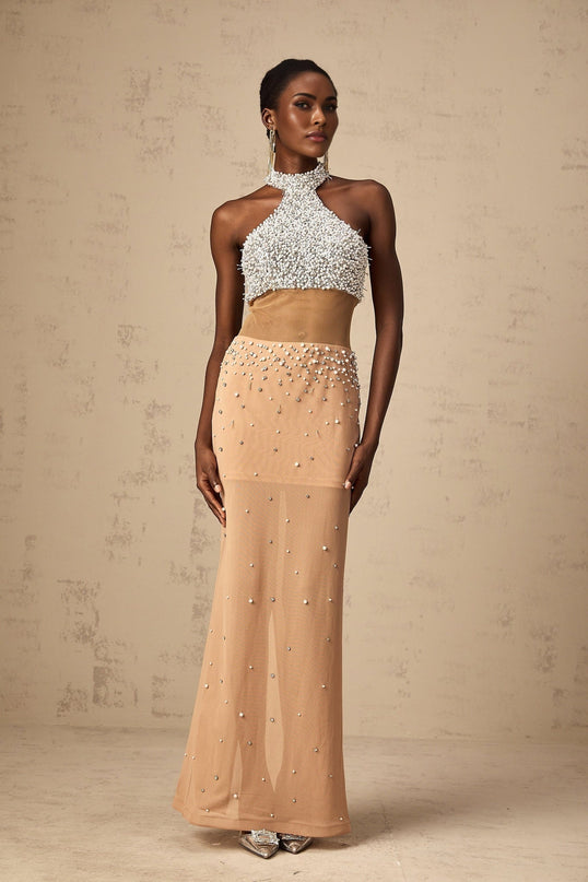 Emery Halterneck Maxi Dress White & Neutrals Crystal Faux-Pearl Embellishments Semi-Sheer Tulle Detailing Rear Slit Rear Zip Fastening Maxi Length Luxury Glamour