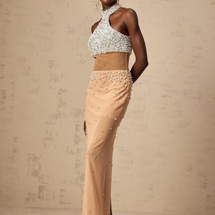 Emery White & Neutrals Halterneck Maxi Dress with Crystal and Faux-Pearl Embellishments