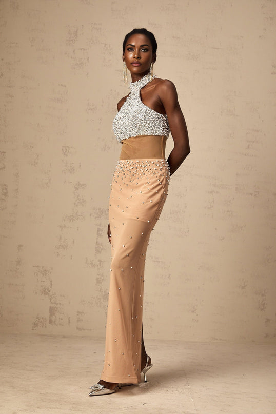 Emery White & Neutrals Halterneck Maxi Dress with Crystal and Faux-Pearl Embellishments