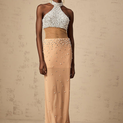 Emery Halterneck Maxi Dress White & Neutrals Crystal Faux-Pearl Embellishments Semi-Sheer Tulle Detailing Rear Slit Sleek Zip Fastening Maxi Length Luxury Glamour