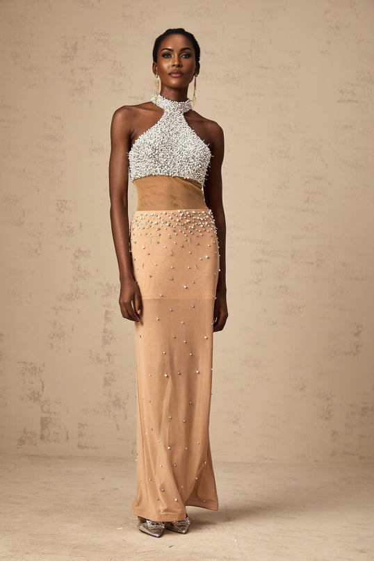Emery Halterneck Maxi Dress White & Neutrals Crystal Faux-Pearl Embellishments Semi-Sheer Tulle Detailing Rear Slit Sleek Zip Fastening Maxi Length Luxury Glamour