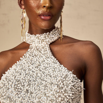 Emery White & Neutrals Halterneck Maxi Dress with Crystal and Faux-Pearl Embellishments
