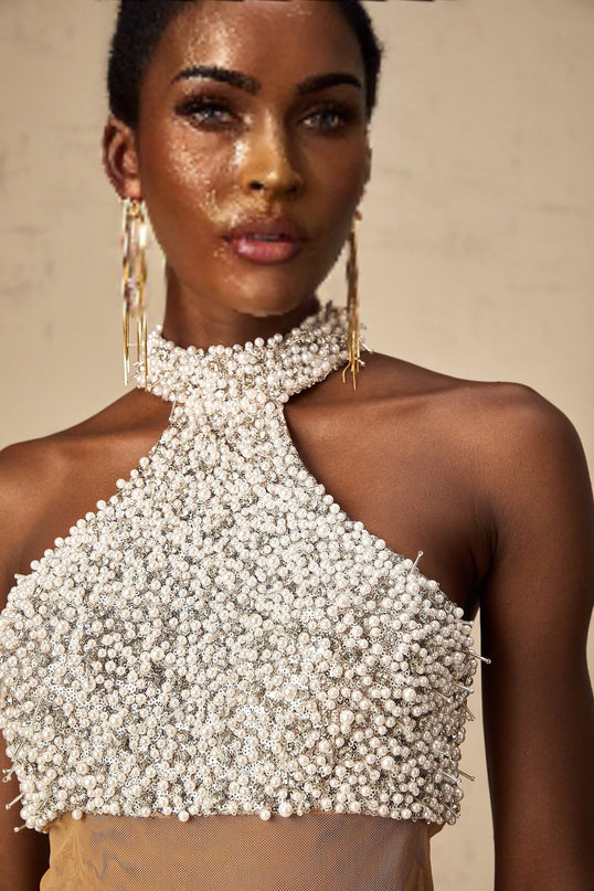 Emery White & Neutrals Halterneck Maxi Dress with Crystal and Faux-Pearl Embellishments