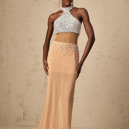 Emery White & Neutrals Halterneck Maxi Dress with Crystal and Faux-Pearl Embellishments