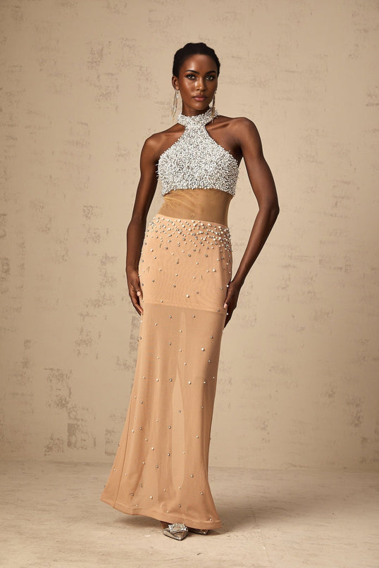 Emery White & Neutrals Halterneck Maxi Dress with Crystal and Faux-Pearl Embellishments