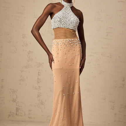 Emery Halterneck Maxi Dress in White & Neutrals with Crystal and Faux-Pearl Embellishments
