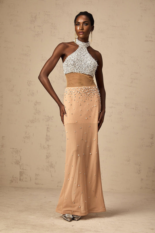 Emery Halterneck Maxi Dress in White & Neutrals with Crystal and Faux-Pearl Embellishments