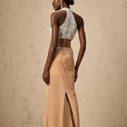 Emery White & Neutrals Halterneck Maxi Dress with crystal and faux-pearl embellishments rear slit and tulle detailing in 52% Polyester and 48% Polyamide blend