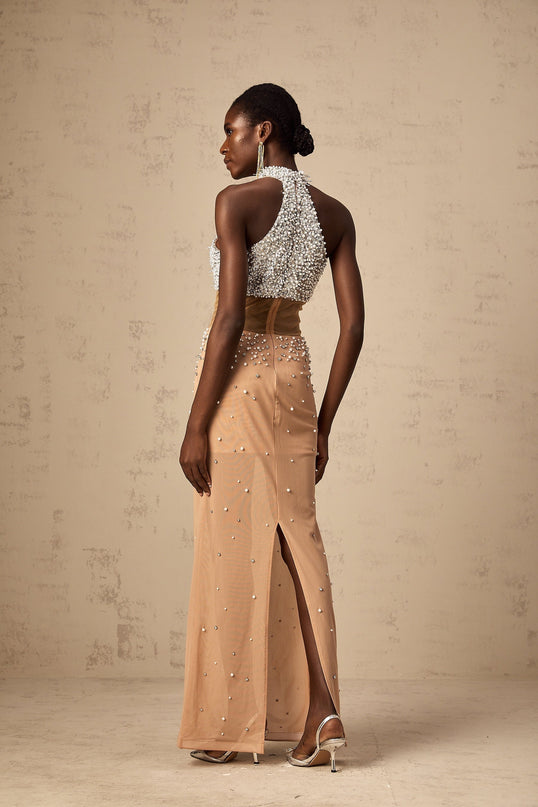 Emery White & Neutrals Halterneck Maxi Dress with crystal and faux-pearl embellishments rear slit and tulle detailing in 52% Polyester and 48% Polyamide blend