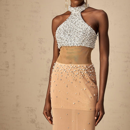Emery Halterneck Maxi Dress in White & Neutrals with crystal and faux-pearl embellishments