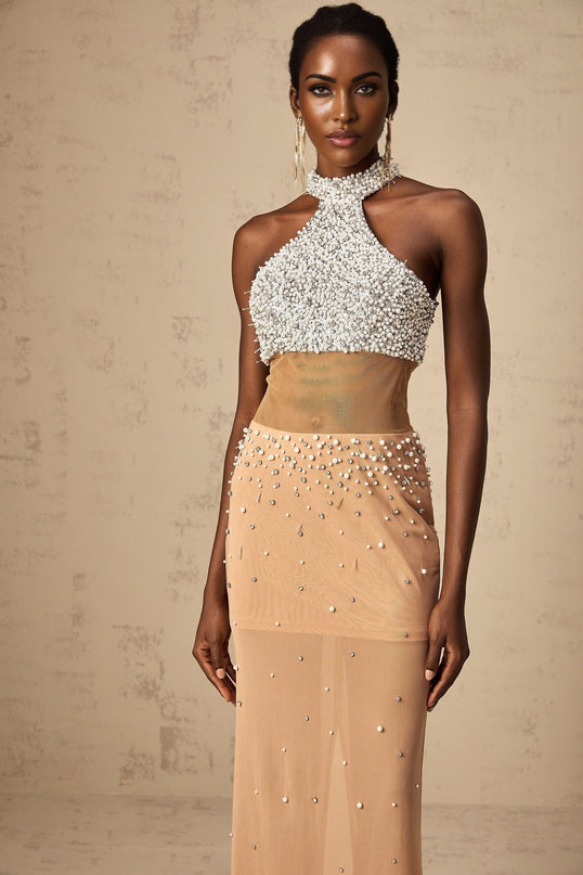 Emery Halterneck Maxi Dress in White & Neutrals with crystal and faux-pearl embellishments