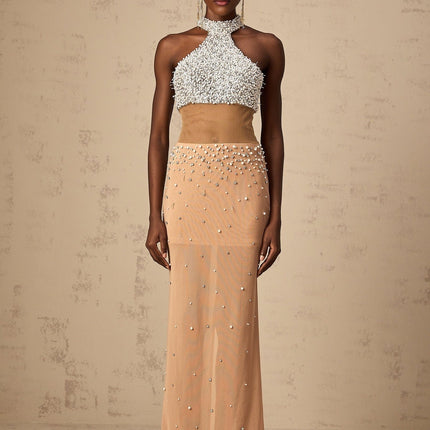 Emery White & Neutrals Halterneck Maxi Dress with Crystal and Faux-Pearl Embellishments