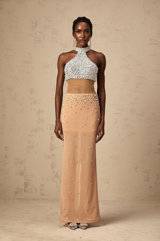 Emery White & Neutrals Halterneck Maxi Dress with Crystal and Faux-Pearl Embellishments