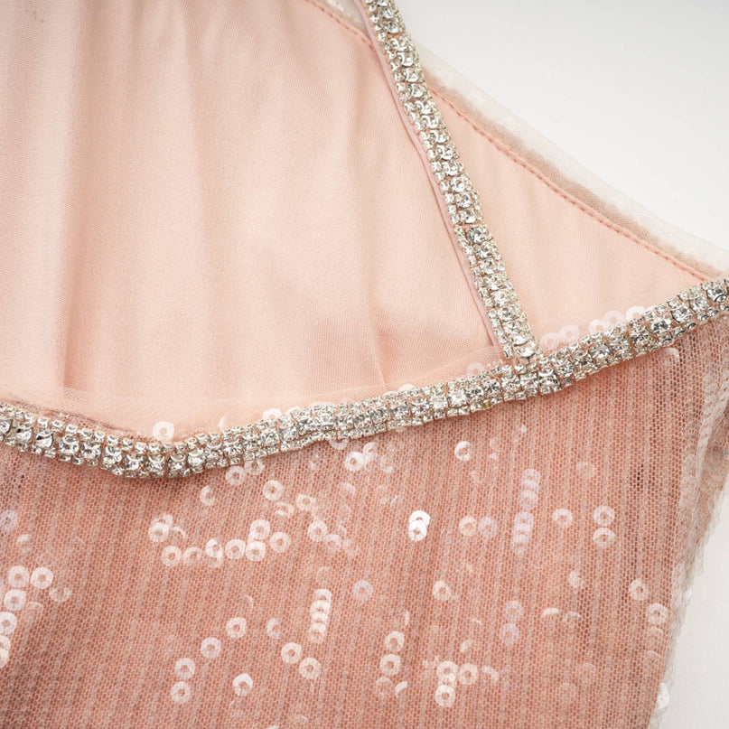 Emery Mini Dress Neutrals Sequin Floral Crystal Strap Off-Shoulder Sleeveless Rear Zip Terylene Luxury Soiree Special Event Statement