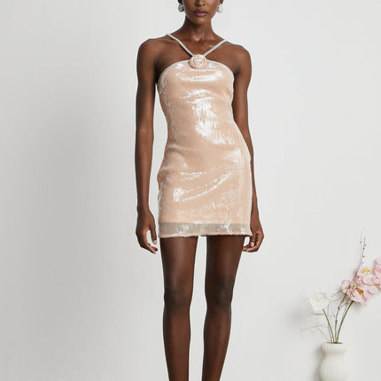 Emery Neutrals Sequin Floral Mini Dress Crystal Strap Shoulders Sleeveless Off-the-Shoulder Rear Zip Terylene Luxury Soiree Special Event Opulence Sophistication Glamour