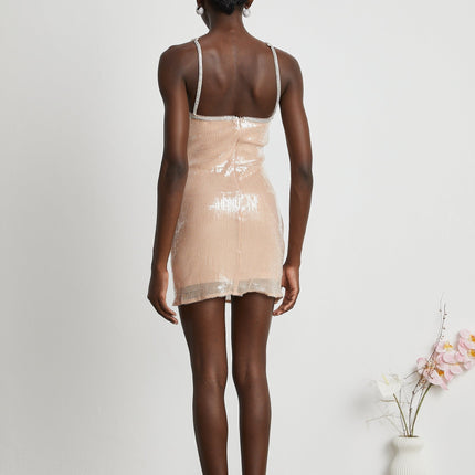 Emery Mini Dress in Neutrals sequin floral crystal strap off-the-shoulder sleeveless rear zip Terylene luxury craftsmanship soirée special event statement