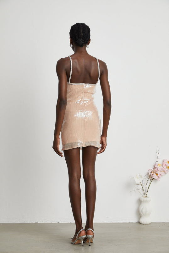 Emery Mini Dress in Neutrals sequin floral crystal strap off-the-shoulder sleeveless rear zip Terylene luxury craftsmanship soirée special event statement