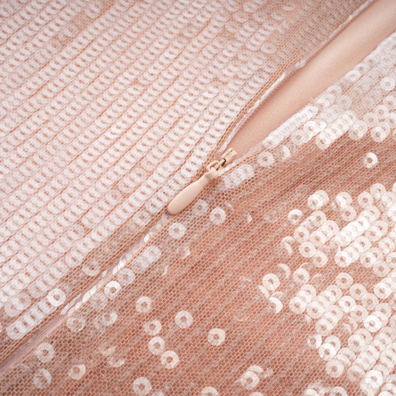 Emery Mini Dress in Neutrals sequin floral detailing crystal strap shoulders off-the-shoulder silhouette sleeveless design rear zip fastening 100% Terylene luxury craftsmanship soirée special event statement turn heads