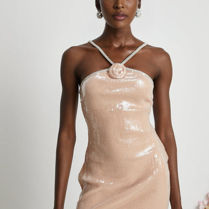 Emery Mini Dress Neutrals Sequin Floral Crystal Strap Off-Shoulder Sleeveless Rear Zip Luxury Terylene Soiree Event