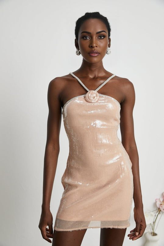 Emery Mini Dress Neutrals Sequin Floral Crystal Strap Off-Shoulder Sleeveless Rear Zip Luxury Terylene Soiree Event