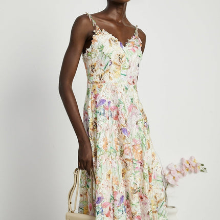Emery White Floral Midi Dress elegance sophistication V-neckline spaghetti straps floral embroidery A-line skirt luxurious blend fabrics rear zip fastening midi length daytime events evening soirées timeless charm