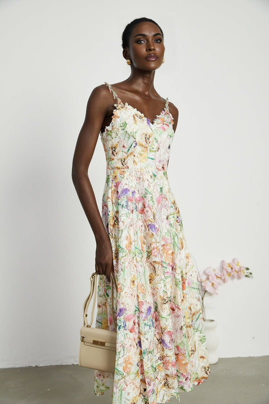 Emery White Floral Midi Dress elegance sophistication V-neckline spaghetti straps floral embroidery A-line skirt luxurious blend fabrics rear zip fastening midi length daytime events evening soirées timeless charm