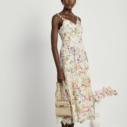 Emery White Floral Midi Dress A-line V-neckline spaghetti straps embroidery luxurious blend fabrics rear zip fastening midi length elegance sophistication timeless charm