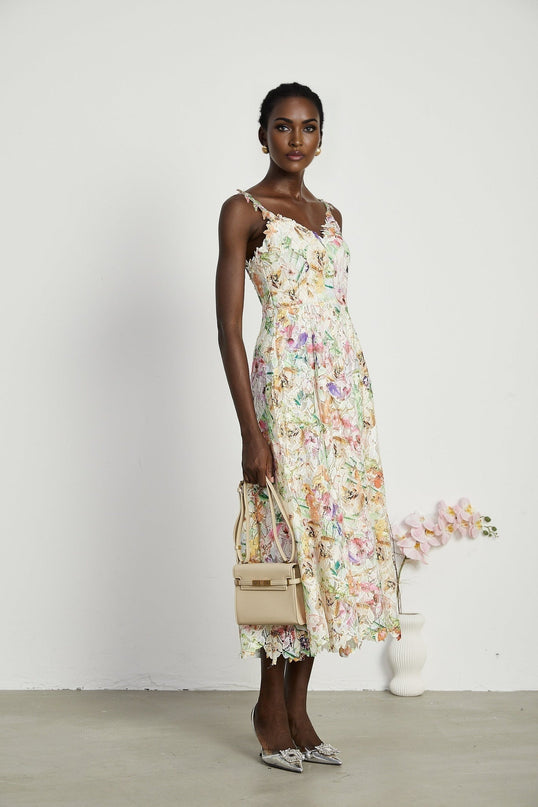 Emery White Floral Midi Dress A-line V-neckline spaghetti straps embroidery luxurious blend fabrics rear zip fastening midi length elegance sophistication timeless charm