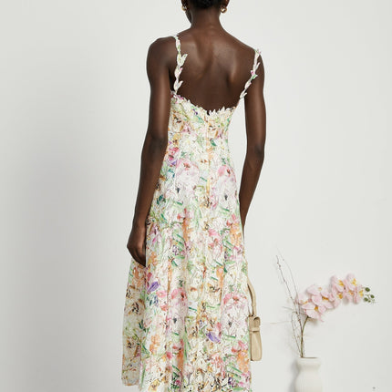 Emery White Floral Midi Dress elegance sophistication V-neckline spaghetti straps floral embroidery A-line skirt luxurious blend fabrics rear zip fastening midi length daytime events evening soirées timeless charm refinement