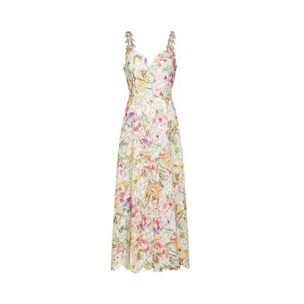 Emery White Floral Midi Dress elegance sophistication V-neckline spaghetti straps floral embroidery A-line skirt rear zip fastening midi length daytime evening events soirées timeless charm refinement wardrobe statement
