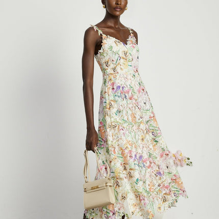 Emery White Floral Midi Dress elegance sophistication V-neckline spaghetti straps floral embroidery A-line skirt luxurious fabrics rear zip fastening midi length refinement timeless charm