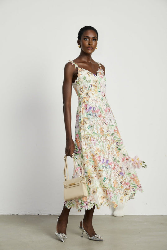 Emery White Floral Midi Dress elegance sophistication V-neckline spaghetti straps floral embroidery A-line skirt luxurious fabrics rear zip fastening midi length refinement timeless charm
