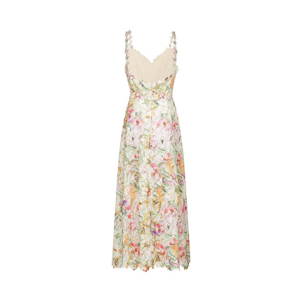 Emery White Floral Midi Dress elegant V-neckline spaghetti straps intricate embroidery A-line skirt rear zip fastening midi length timeless charm