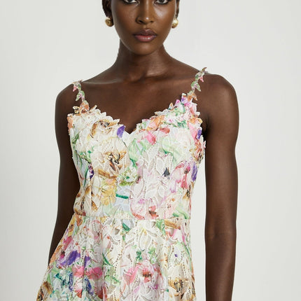 Emery White Floral Midi Dress elegance sophistication V-neckline spaghetti straps floral embroidery A-line skirt luxurious fabrics rear zip fastening midi length daytime events evening soirées timeless charm refinement Emery Floral Midi Dress statement