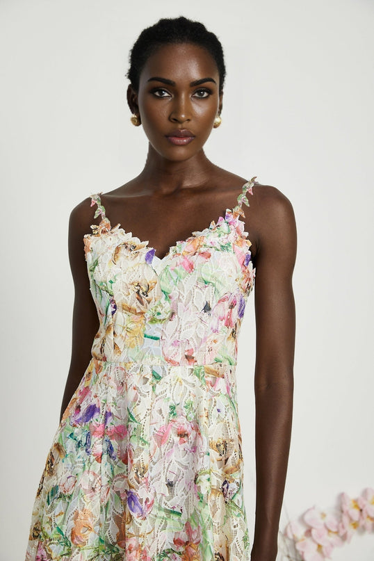 Emery White Floral Midi Dress elegance sophistication V-neckline spaghetti straps floral embroidery A-line skirt luxurious fabrics rear zip fastening midi length daytime events evening soirées timeless charm refinement Emery Floral Midi Dress statement